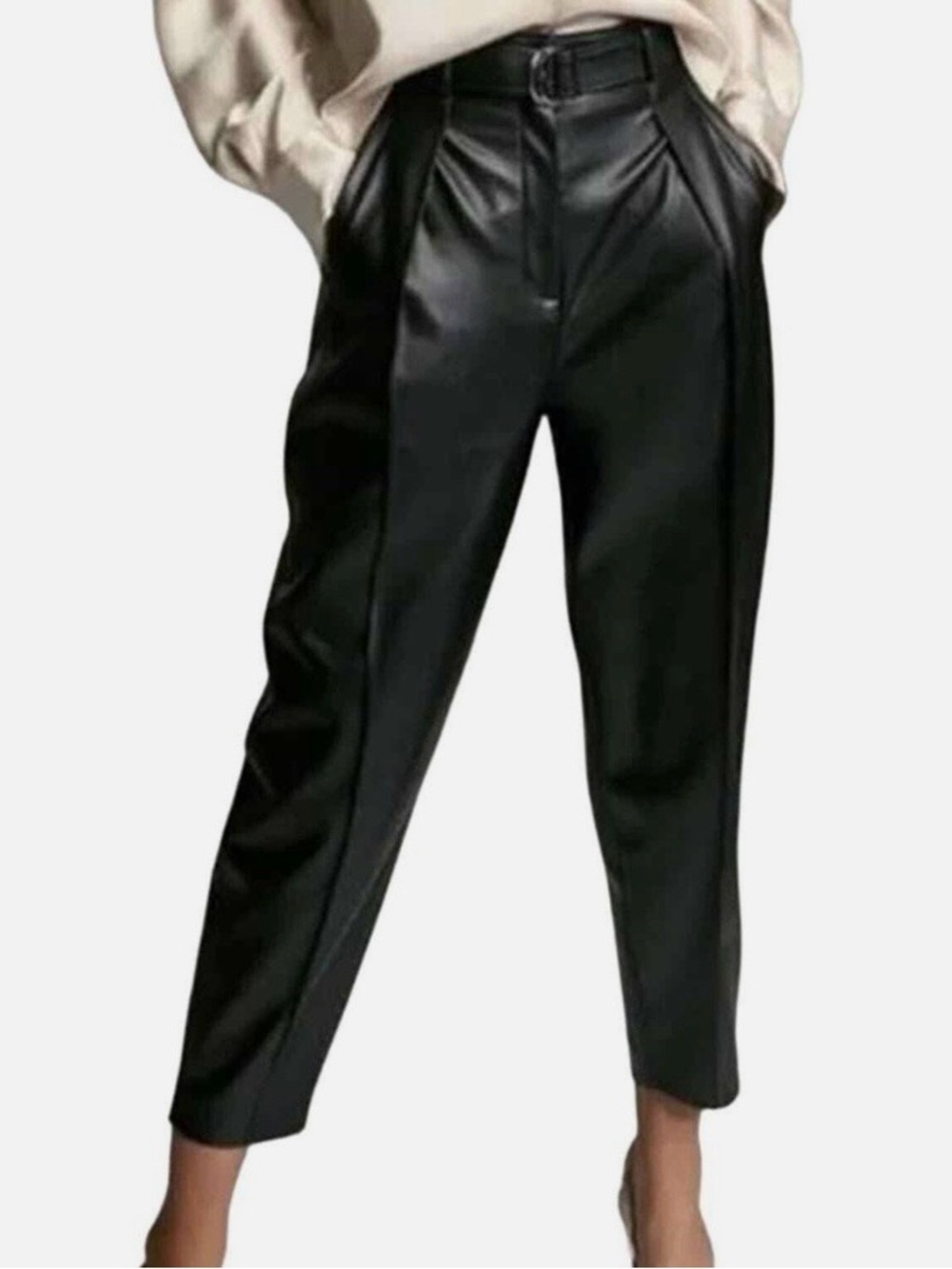 Babaton Black Vegan Leather Cropped Tapered Pants with belt - Picture 1 of 7